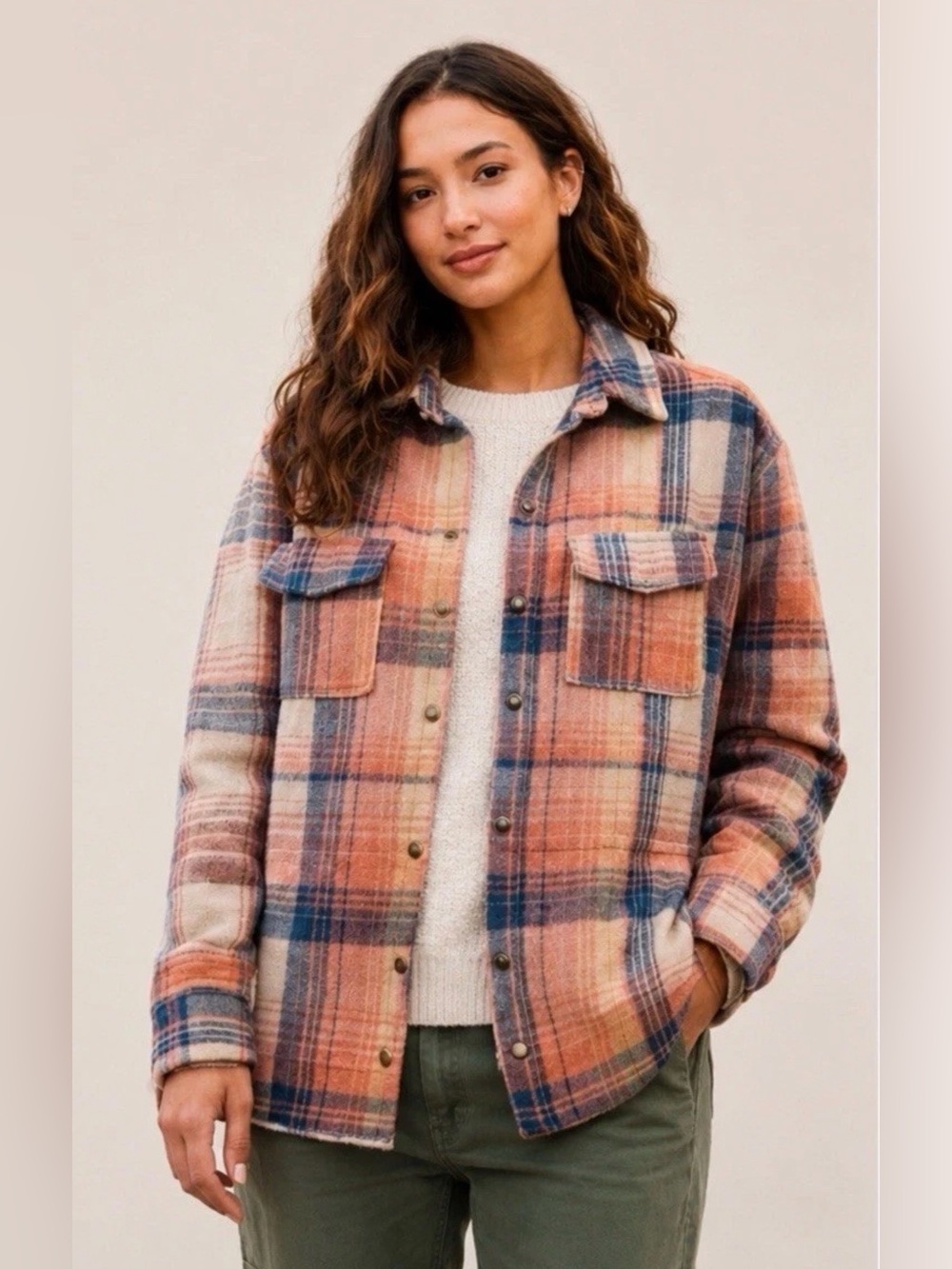 Plaid Flannel Shacket Womens Small Rustic Western Shirt Jacket Cozy Button Up